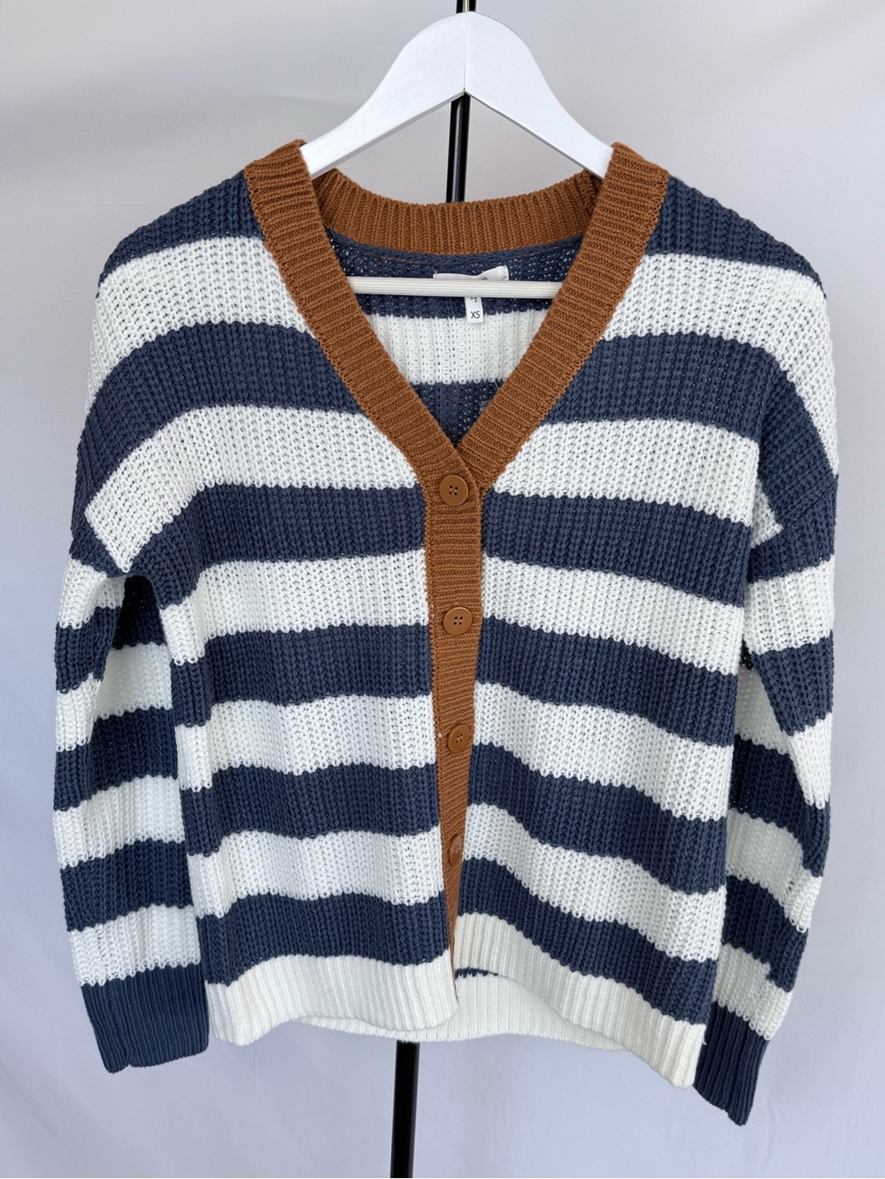 Maurices Navy & White Striped V-Neck Cardigan with Brown Trim